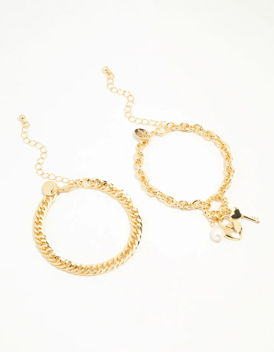 Lot de 2 bracelets à breloques plaqués or avec chaîne et cadenas