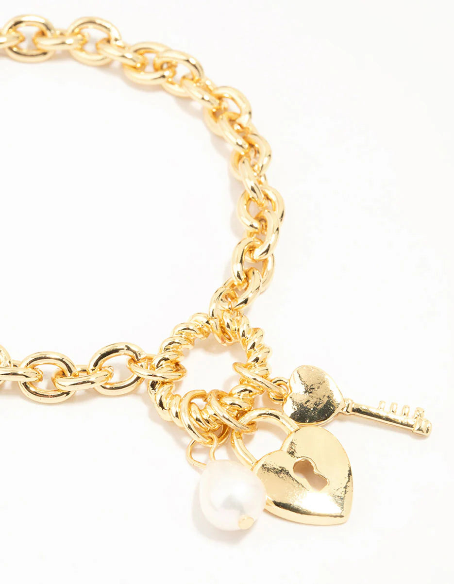 Lot de 2 bracelets à breloques plaqués or avec chaîne et cadenas